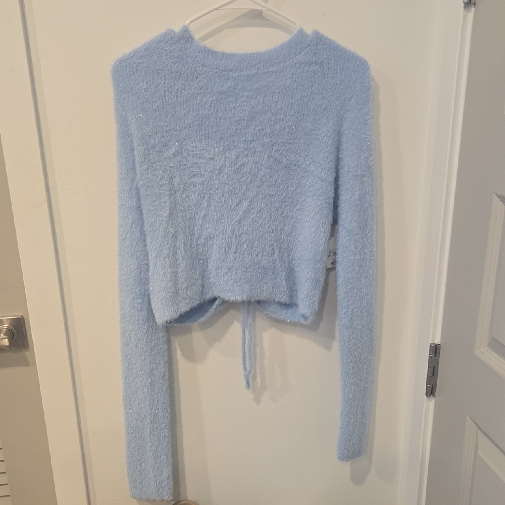 Altar's State Light Blue Fuzzy Sparkle Cropped Lace Up Sweater M